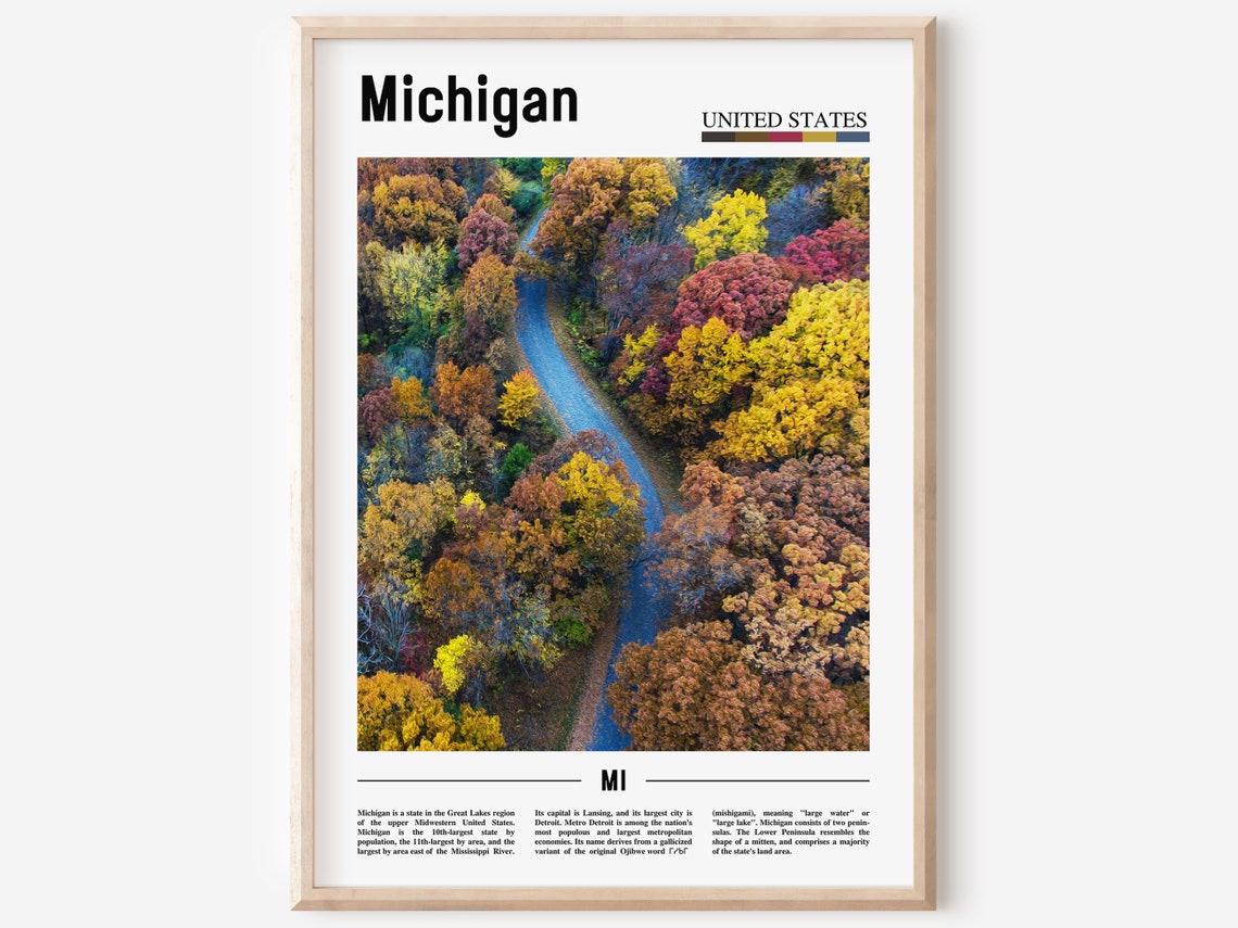 Michigan Autumn Forest Aerial Fall Colors River Minimal Travel Poster