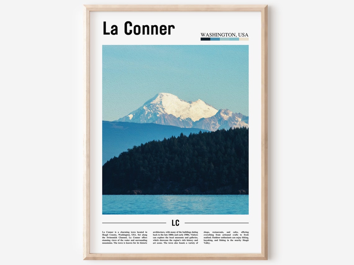 La Conner Washington Snowy Peak Over Water Scenic Photo Poster