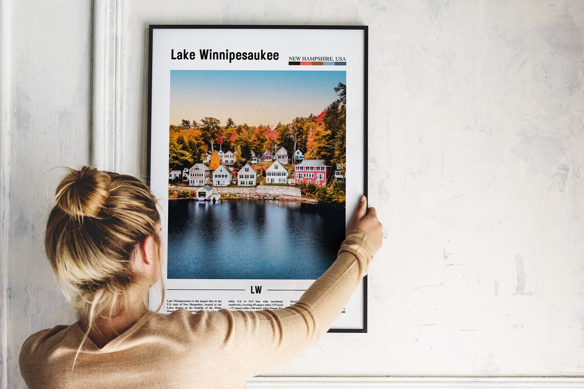 Lake Winnipesaukee Poster Lake Winnipesaukee Print Lake Winnipesaukee Wall Art Minimal Travel Print Oil Painting Poster - Image 2