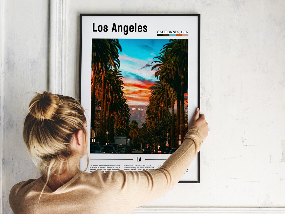 Los Angeles Hollywood Sign Between Palm Trees Sunset Travel Poster - Image 2
