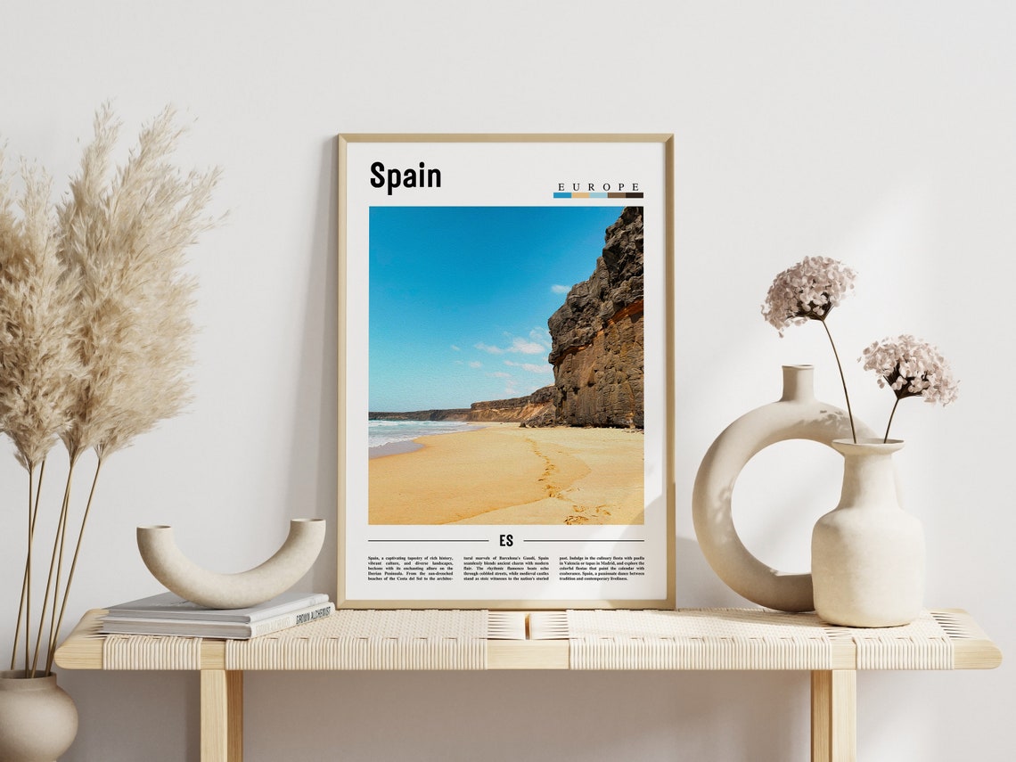 Spain Golden Beach Cliffs Poster Sunny Coastal Shoreline Travel Art - Image 3