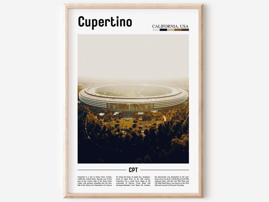 Cupertino California Apple Park Aerial Color Modern Travel Poster