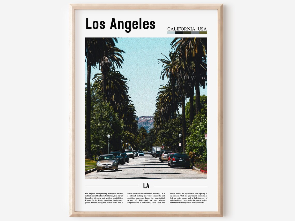 Los Angeles California Palm Lined Street Hollywood Sign Photo Poster
