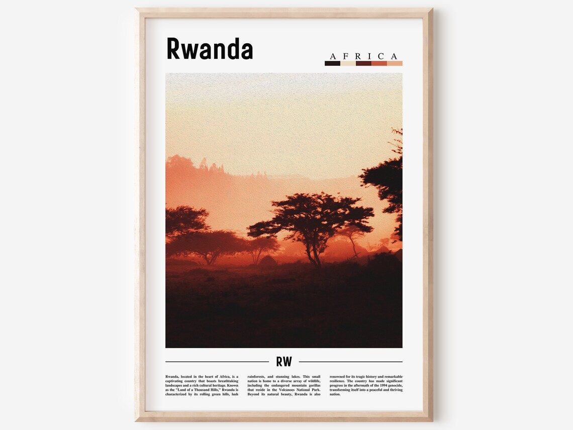 Rwanda Africa Minimal Sunset Savanna Photo Travel Poster With Facts