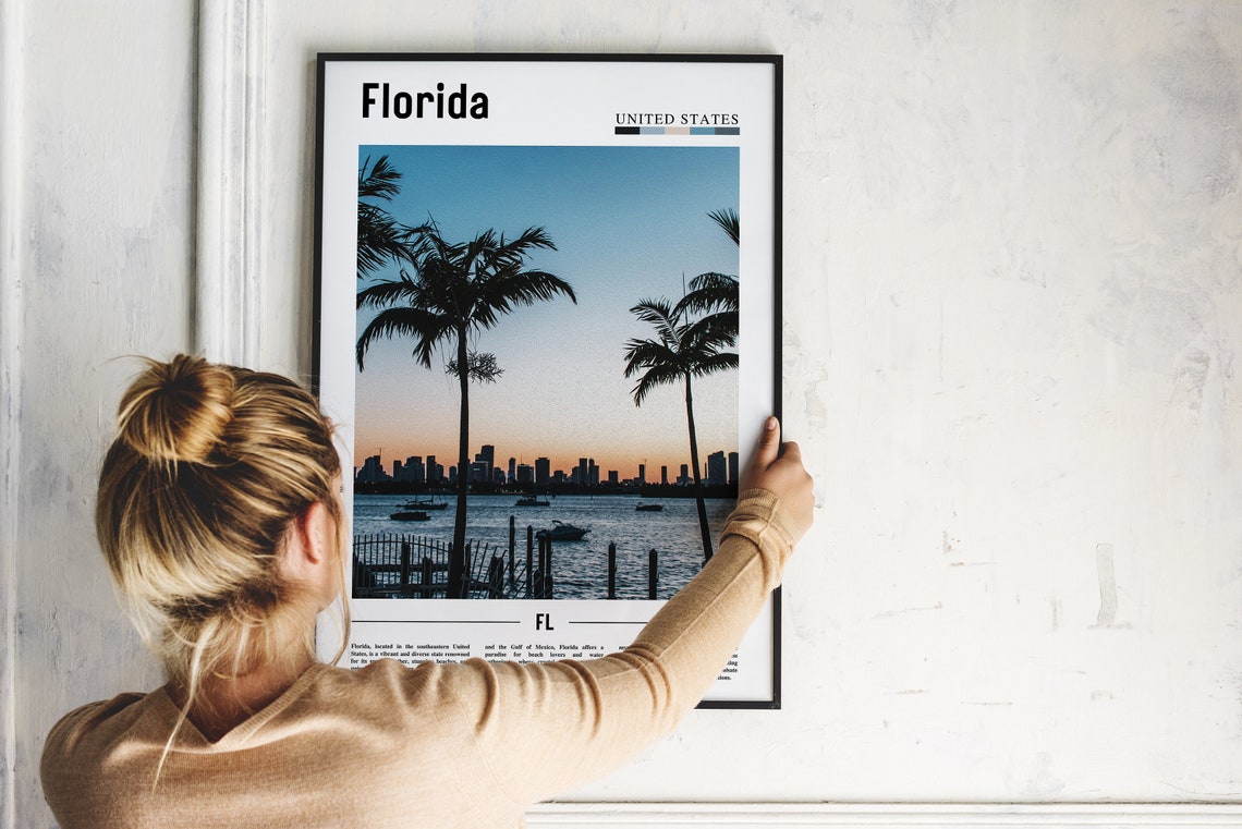 Florida Golden Sunset Palm Trees Waterfront Skyline Photo Poster - Image 2