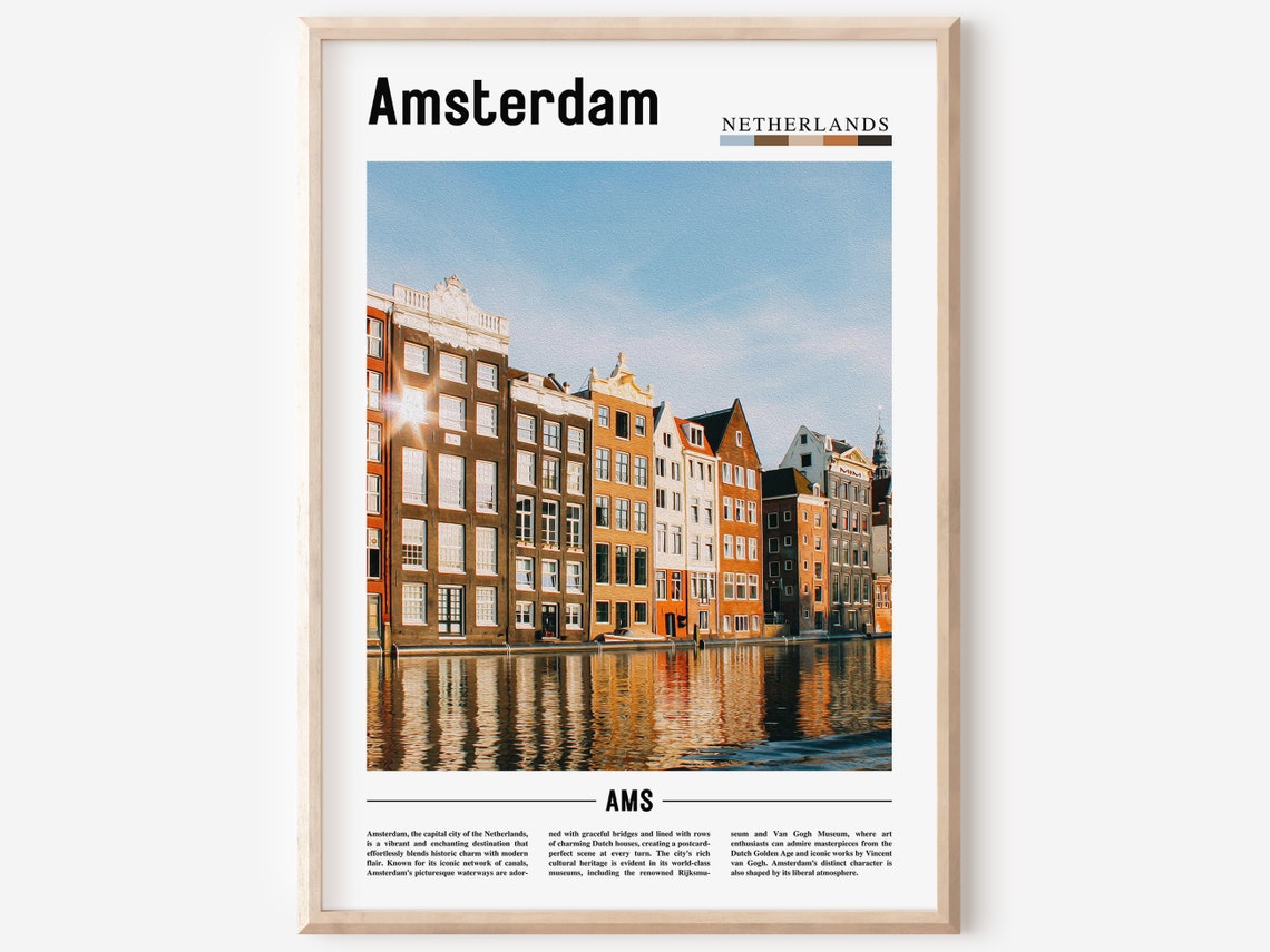 Amsterdam Netherlands Canal Houses Waterfront Minimal Travel Poster