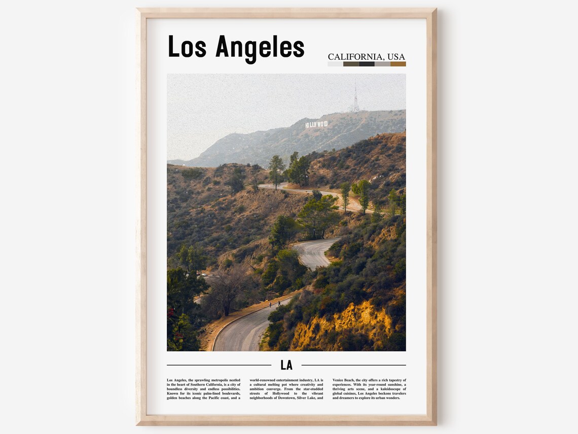 Los Angeles Hollywood Sign On Hill Winding Road Travel Art Poster