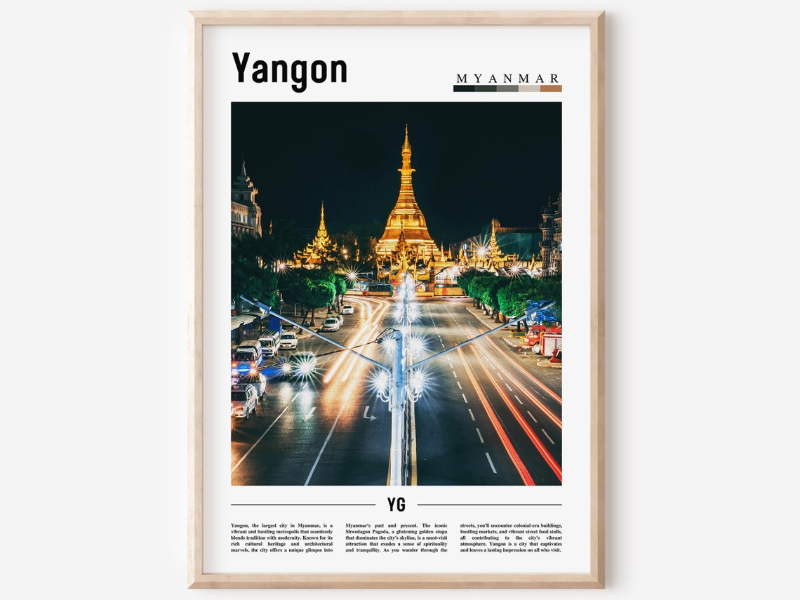Yangon Myanmar Shwedagon Pagoda Night Cityscape Travel Poster
