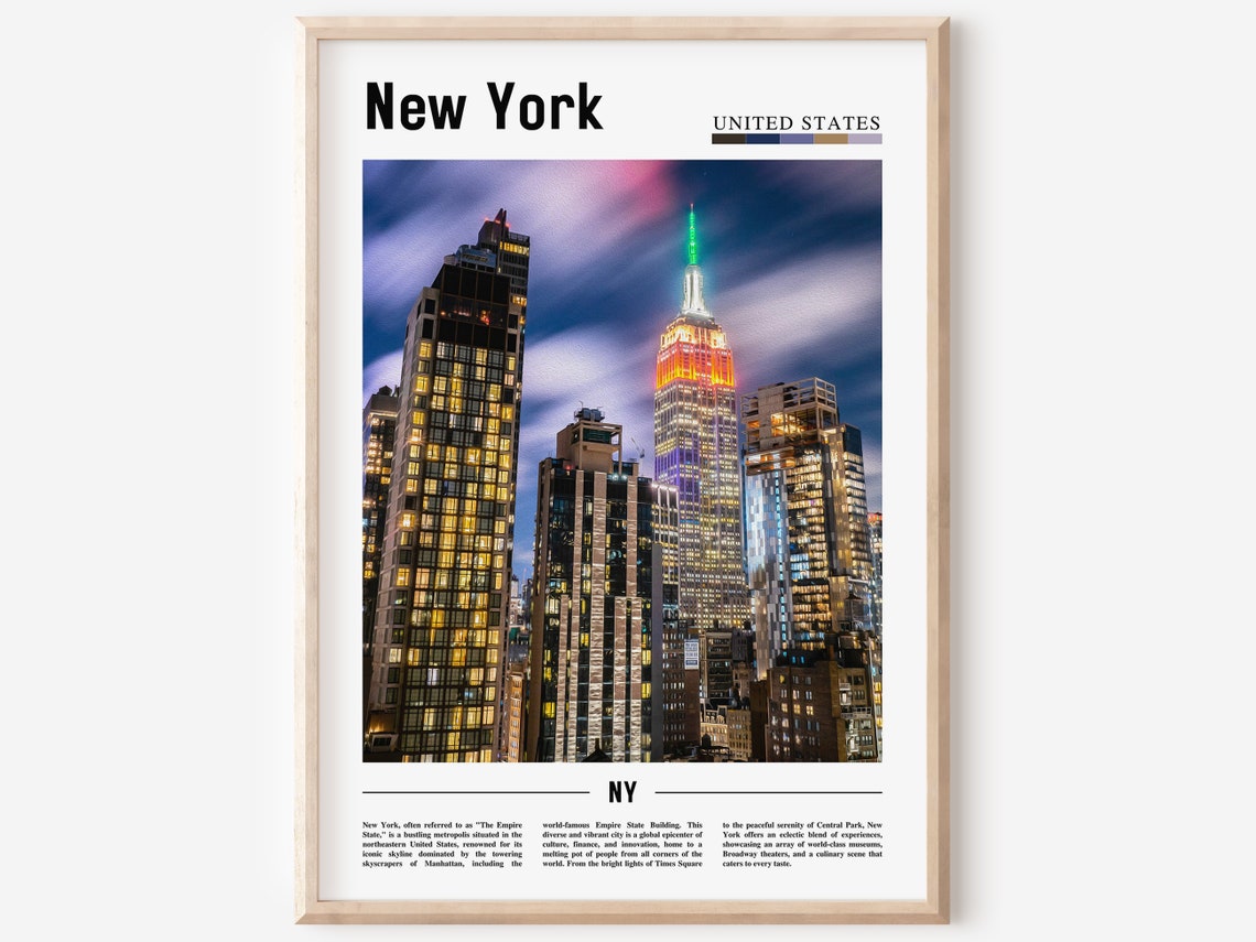 New York Empire State Building Night Skyline Color Photo Poster