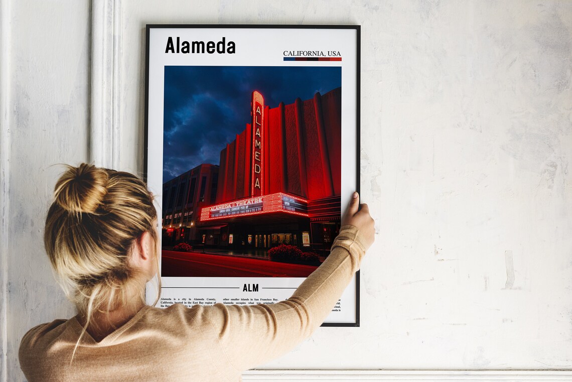 Alameda California Historic Theatre Neon Night Minimalist Travel Poster - Image 2