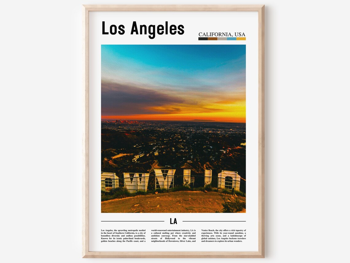 Los Angeles Hollywood Sign Above City Lights Dusk Travel Poster