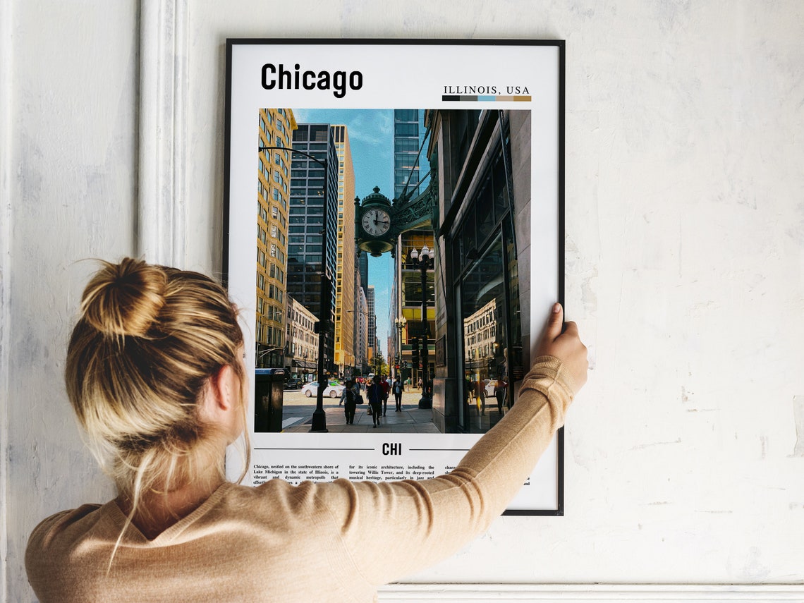 Chicago Illinois Vintage Street Clock Downtown Scene Travel Poster - Image 2