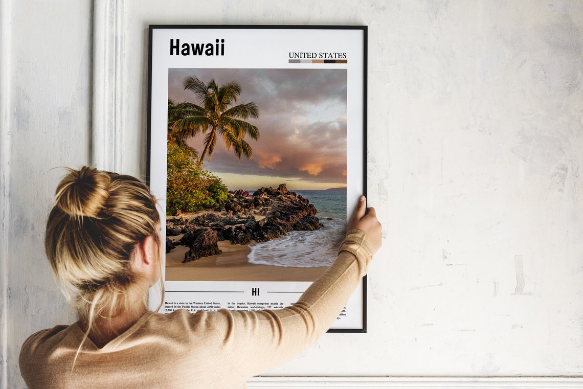 Hawaii Beach Sunset Palm Tree Lava Rocks Coastal Photo Poster - Image 2