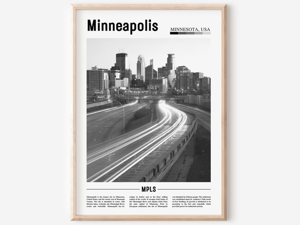Minneapolis Skyline Black And White Highway Light Trails Travel Poster