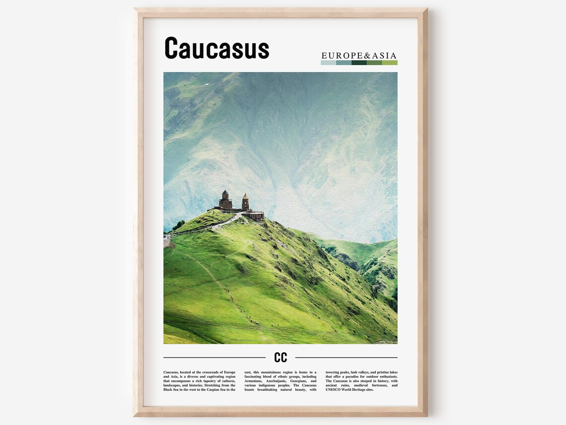 Caucasus Hilltop Church Green Mountains Minimal Travel Poster