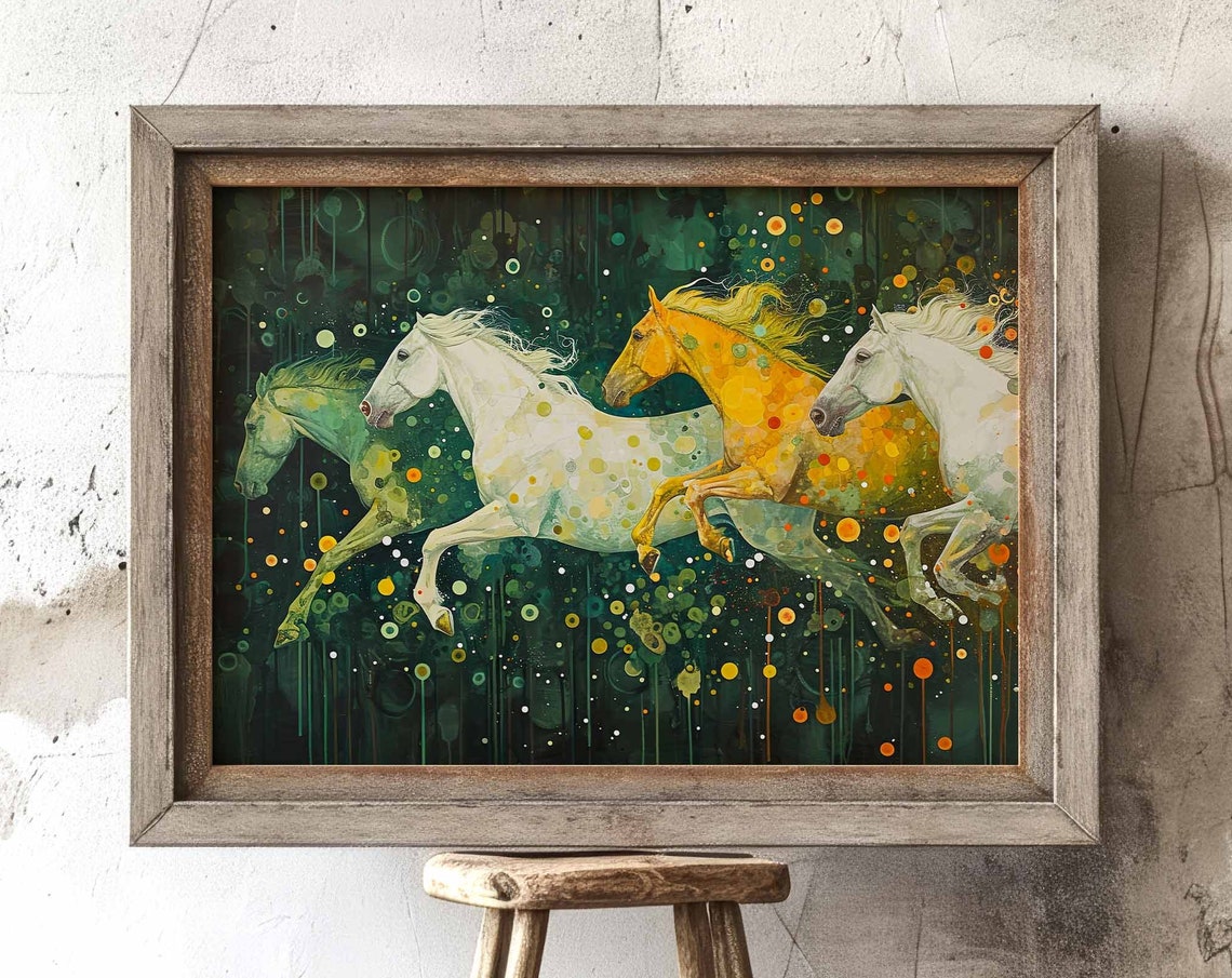 Wild Horses Galloping Through A Dotted Green Folk Art Meadow Print