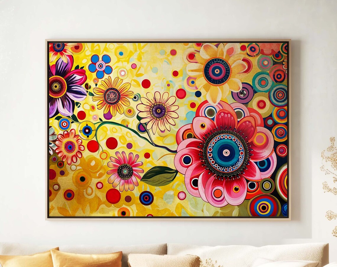 Beautiful Bright Yellow Wildflower Garden Colorful Folk Art Poster