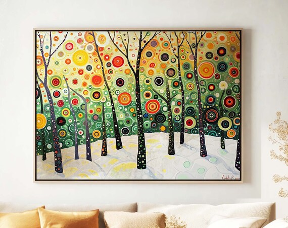 Colorful Winter Forest Snow Dotted Tree Wonderland Scene Poster