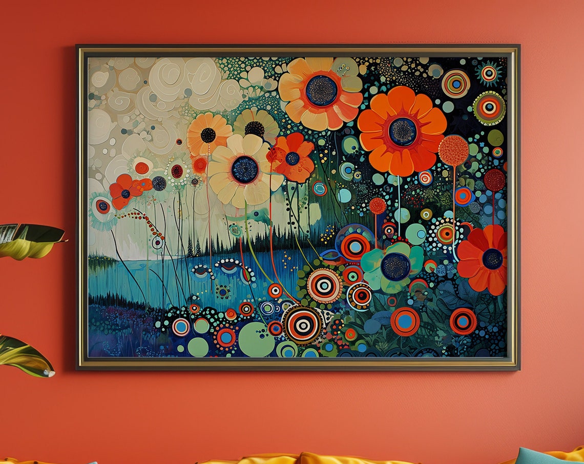 Wild Poppies Floral Dot Pattern Vibrant Meadow Lake Scene Poster