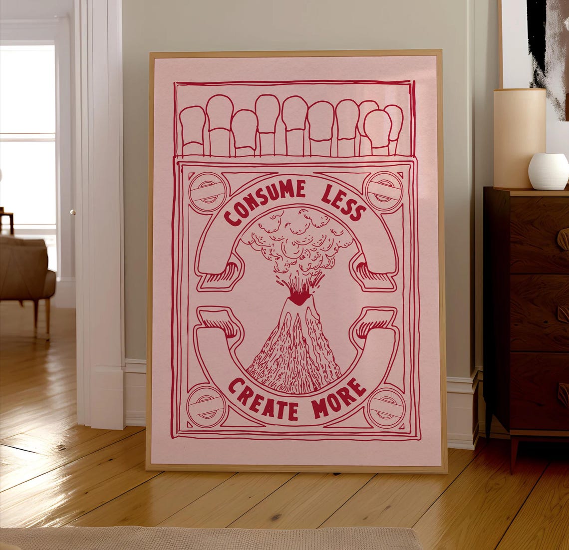 Consume Less Create More Retro Matchbox Volcano Red Line Art Print - Image 3