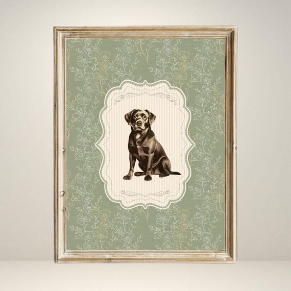 Vintage Black Labrador, Floral Nursery Decor Art Print
