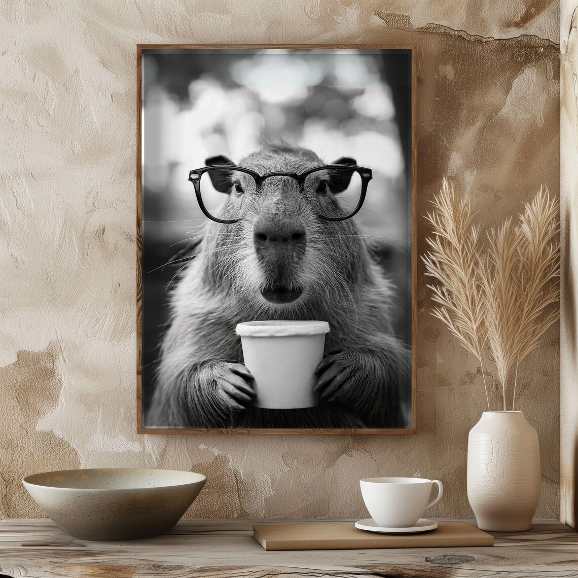 Capybara Cute Animal Drinking Coffee, Vintage Poster
