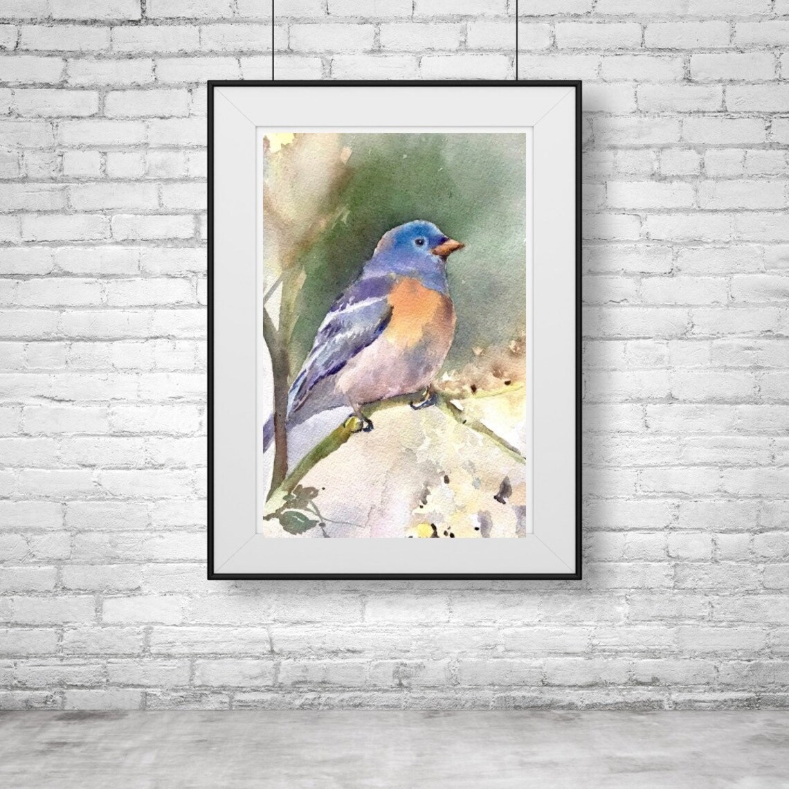 Blue and Orange Songbird Perched on Branch Watercolor Art Poster - Image 2