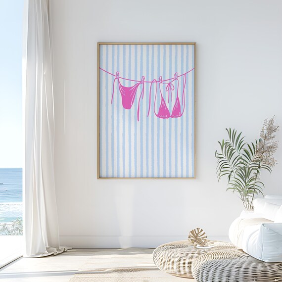Hot Pink Bikini Clothesline Coastal Girly Beach Preppy Poster