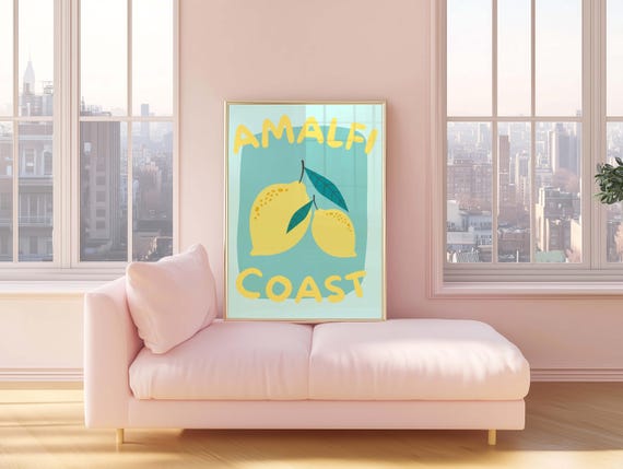Retro Amalfi Coast Italy Travel Poster Italian Citrus Lemon Print Girly College Dorm Decor Apartment Trendy Wall Art
