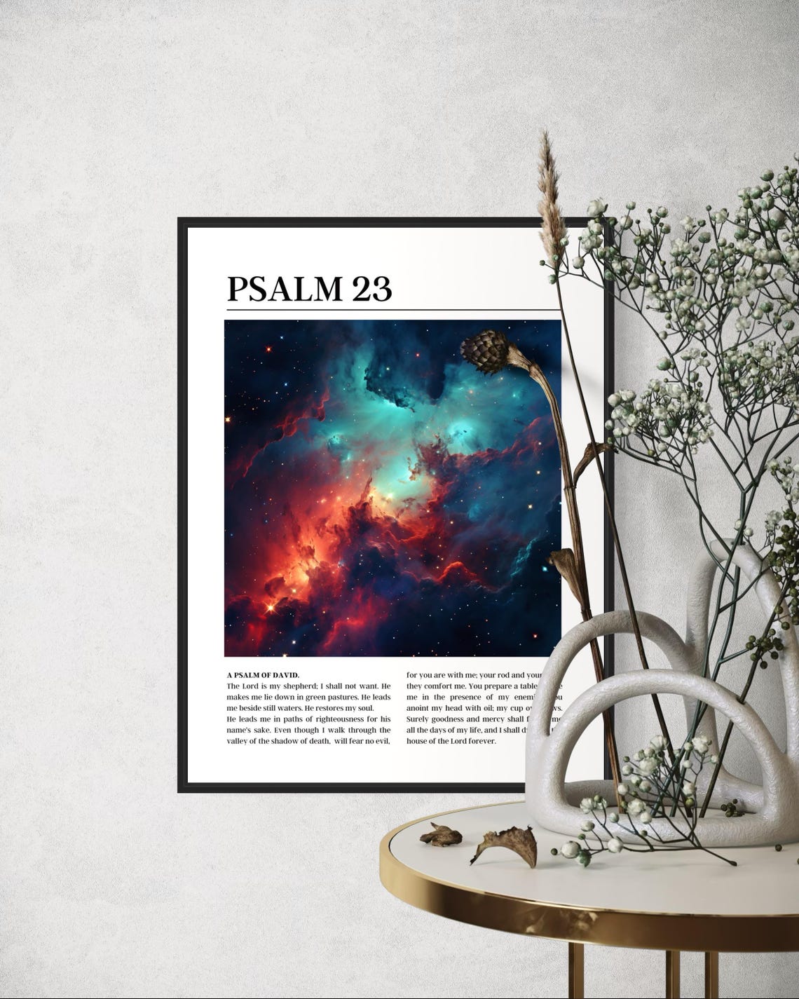 Psalm 23 Bible Verse Poster with Teal and Red Galaxy Nebula Image - Image 2