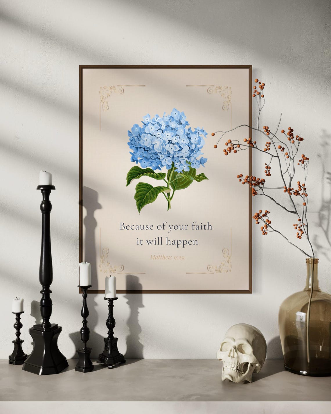 Because Of Your Faith It Will Happen Blue Hydrangea Christian Wall Art Bible Verse Floral Print Scripture Art For Home Decor - Image 6
