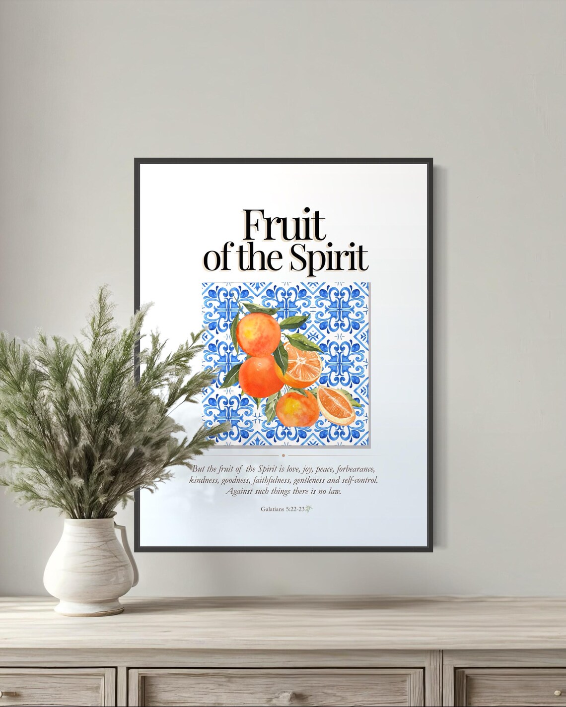 Fruit of the Spirit Citrus and Blue Tile Bible Verse Poster on White - Image 3