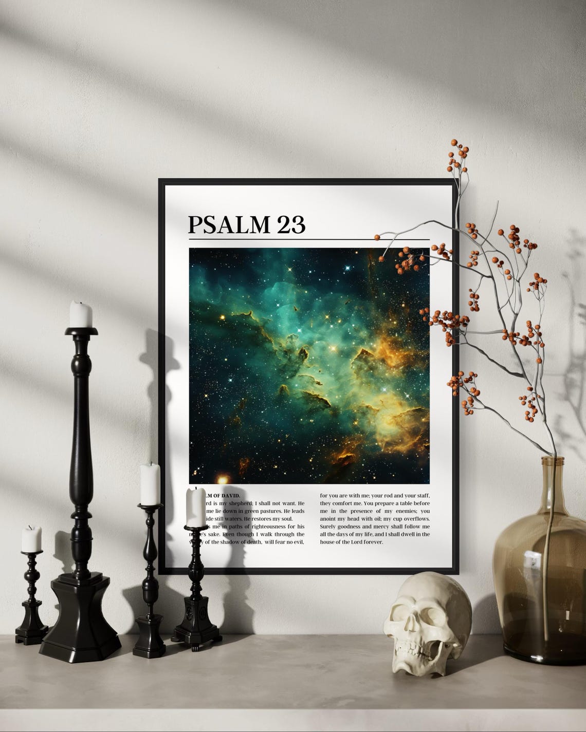 Psalm 23 Bible Verse Poster with Green and Gold Galaxy Nebula Image - Image 2