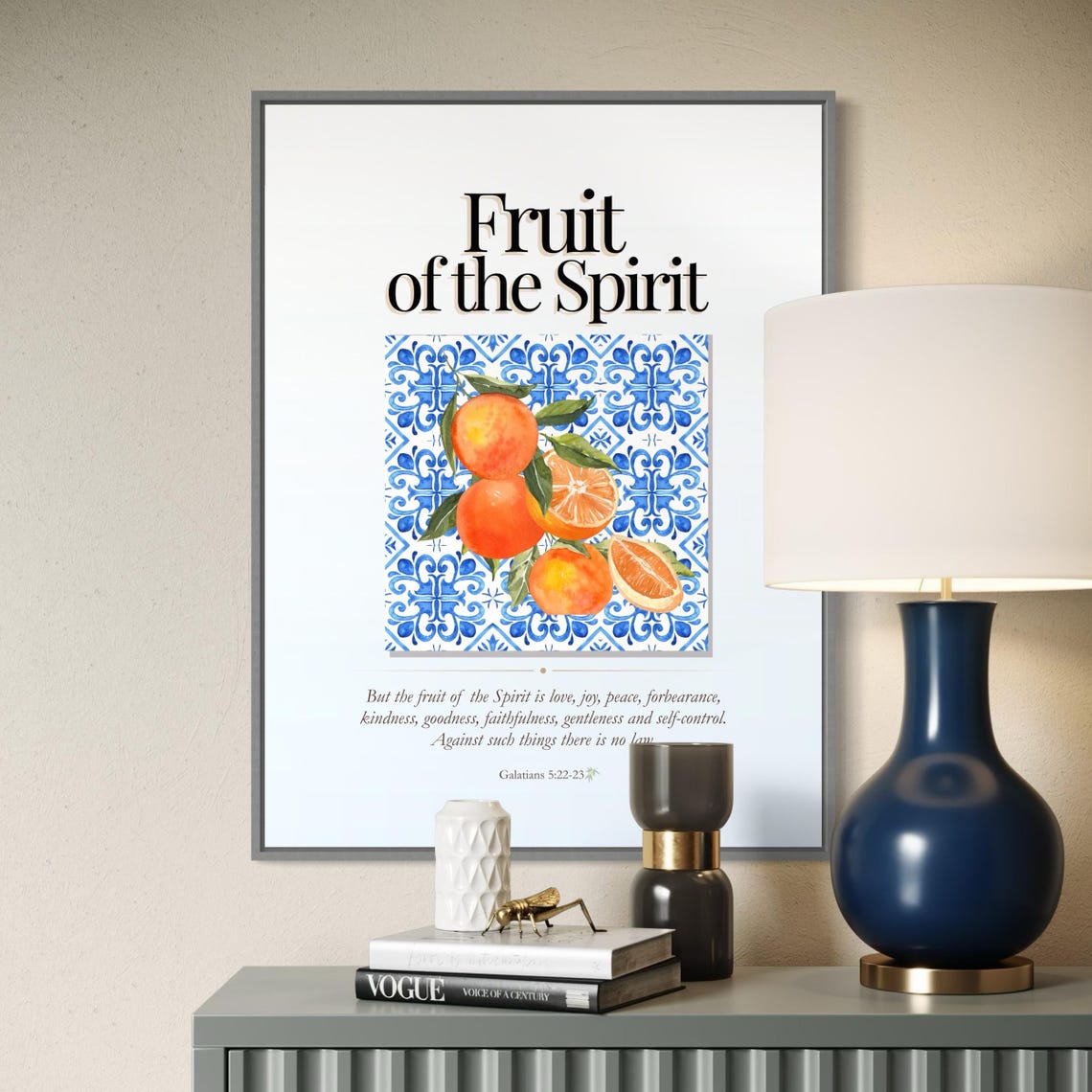 Fruit of the Spirit Citrus and Blue Tile Bible Verse Poster on White - Image 6