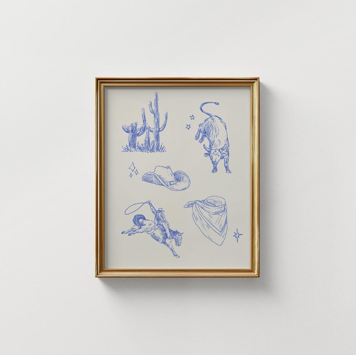 Blue Western Cowboy Sketch Collage Bull Roper Vintage Poster - Image 2