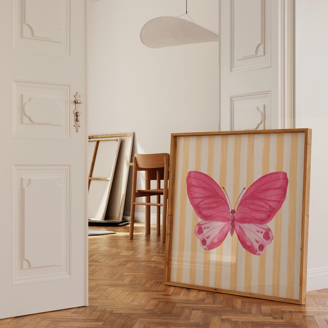 Pink Watercolor Butterfly Peach Striped Background Botanical Poster - Image 3