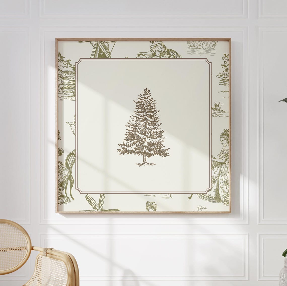 Vintage Green Toile Pine Tree Print Wall Art Trendy Decor Cottage Nursery - Image 4