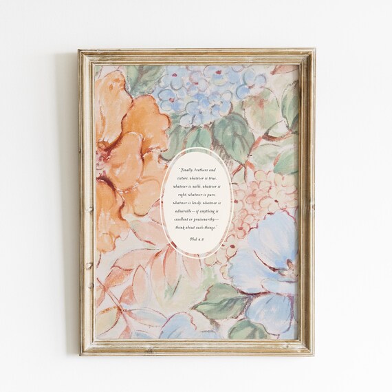 Floral Philippians 48 Scripture Print Vertical Art Print Print Wall Art Trendy Decor Vintage Painting English Garden