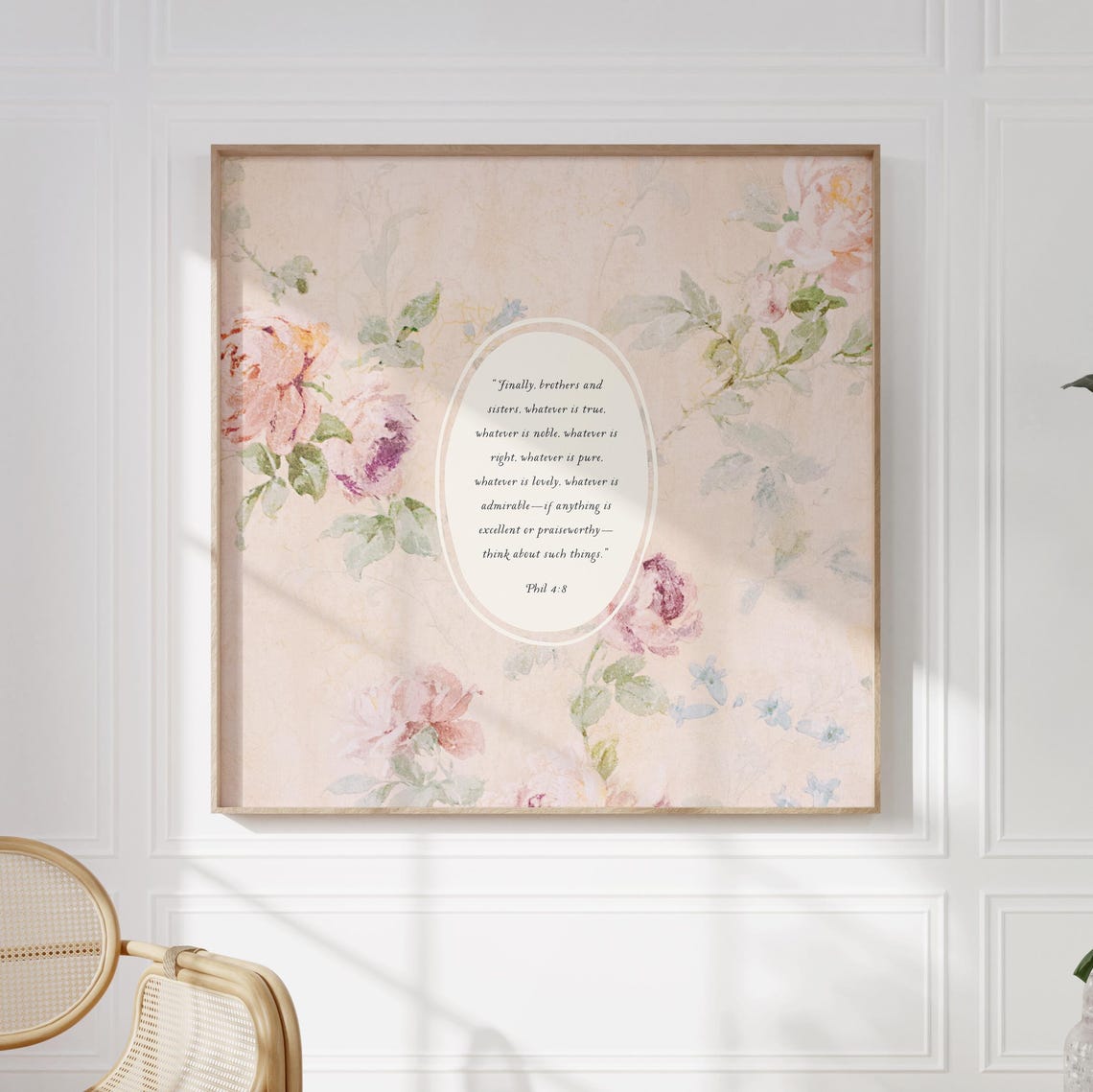 Philippians 4-8 Quote On Pink Vintage Rose Floral Wallpaper Poster - Image 2