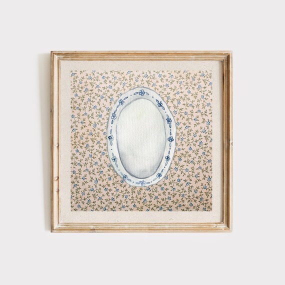 Vintage Blue Floral China Plate Illustration Kitchen Art Poster