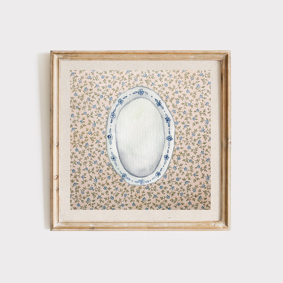 Vintage Blue Floral China Plate Illustration Kitchen Art Poster