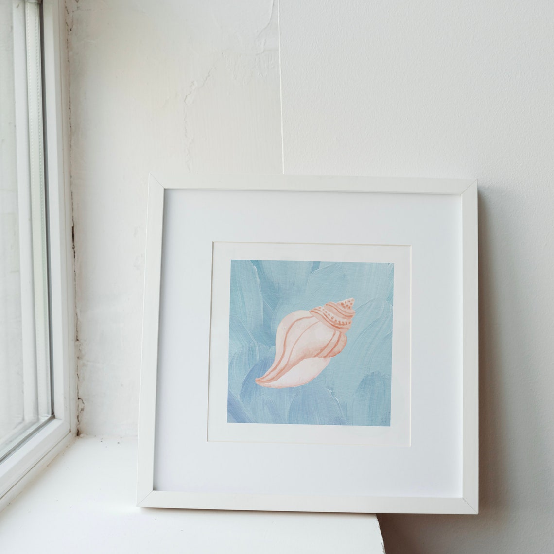 Blush Pink Conch Shell on Blue Watercolor Waves Square Art Print - Image 2