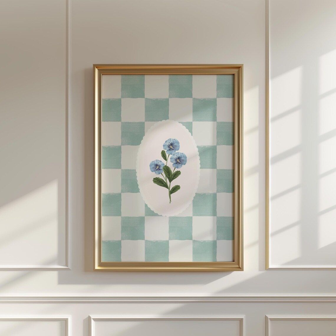 Blue Checkered Floral Art Print, Vintage English Garden