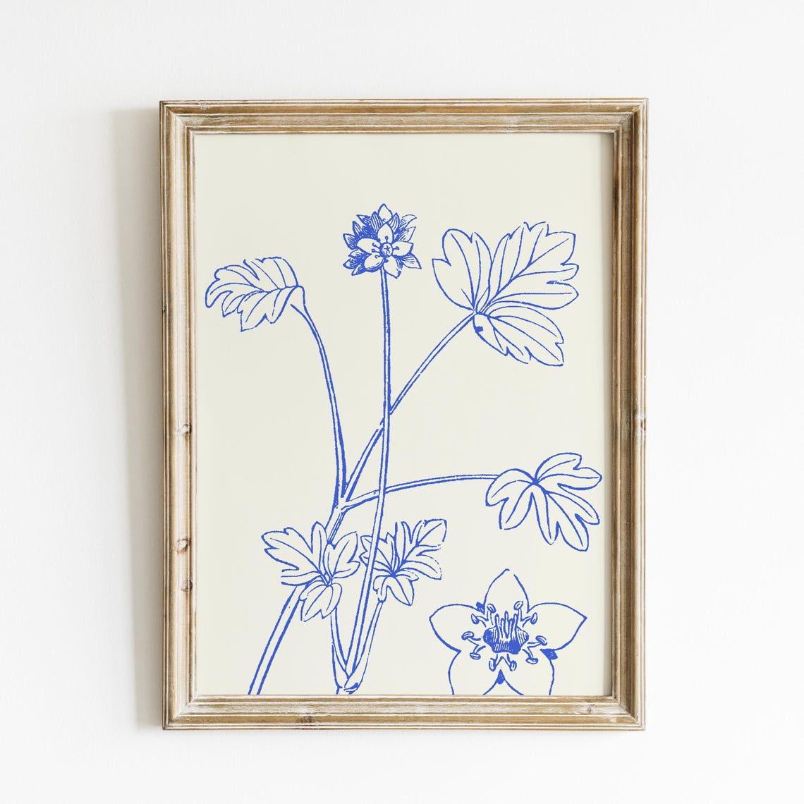 Blue Line Wildflower Botanical Sketch Cream Background Vertical Poster