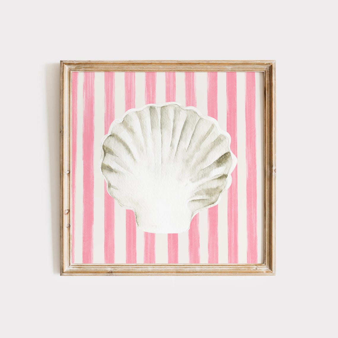 White Scallop Shell Pink Striped Background Coastal Watercolor Poster - Image 4