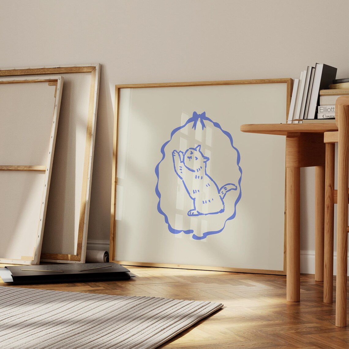 Blue Line Kitten Illustration Bow Frame Cute Kids Nursery Wall Art Poster - Image 3