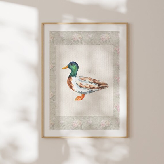 Watercolor Mallard Duck on Vintage Floral Mat Nursery Animal Art Poster