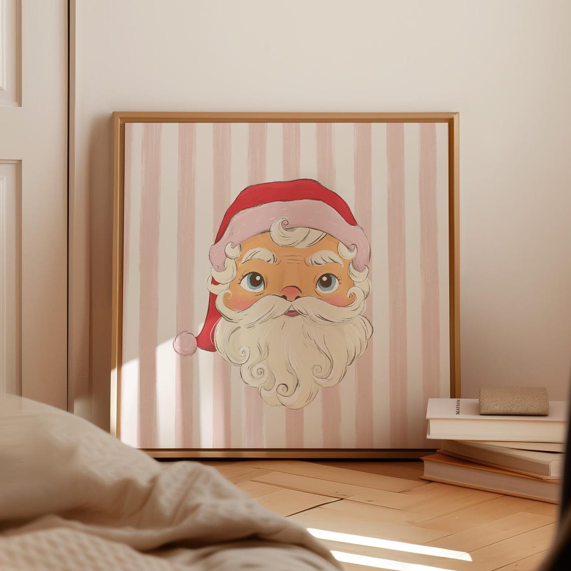 Whimsical Santa Claus Face Pink Striped Square Christmas Poster - Image 2