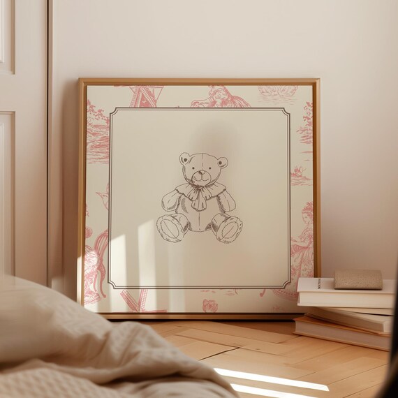 Vintage Pink Toile Teddy Bear Sketch Cottage Nursery Wall Art Print