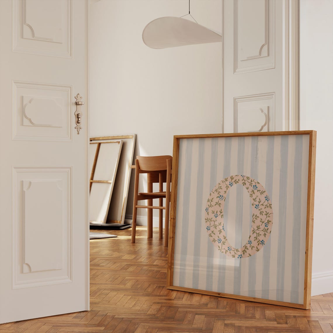 Floral Chintz Letter O Monogram Initial Blue Striped Wall Poster - Image 2